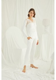 Resim Monamise Kadın Yakası ve Omzu Dantelli Önü Boydan Düğmeli Pijama Takımı 18201 Beyaz 