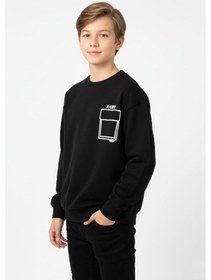 Resim Baskı Detaylı Bisiklet Yaka Erkek Çocuk Sweatshirt-90913 Siyah 