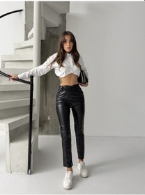 Resim Kadın Siyah Deri Dar Paça Pantolon Siyah 