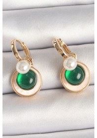 Resim Pirinç Gold Renk Beyaz Yeşil Sallantı Mineli Kadın Küpe Altın 