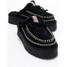 Resim Luvi Shoes Yalına Siyah Süet Hakiki Deri Dikişli Kürklü Kadın Platform Tabanlı Makosen Terlik Siyah 