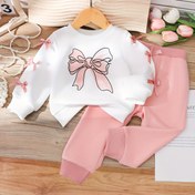 Resim İki Parça Kız Bahar/Sonbahar Moda Baskılı Uzun Kollu Kurdele Sweatshirt ve Rahat Pantolon Takımı, Günlük Dış Giyim İçin Uygun, Bahar Sonbahar Kıyafeti, Günlük Çocuk Giyimleri, Tatlı Stil, Feminin Çocuk Modası, Nefes Alabilen Kumaş, Yumuşak Malzeme, Eşleşen Sweatshirt Pantolon, İki Parça Kıyafet, Genç Çocuklar, Ebeveyn Alışverişi İçin Mükemmel 