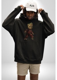 Resim Bebek Groot Guardians Galaxy Kadın Erkek Siyah Kapüşonlu Sweatshirt Hoodie Siyah 