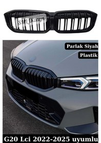 Resim Bmw G20 Lcı Uyumlu M3 Ön Panjur - 3 Serisi Çift Çizgili Parlak Siyah Plastik Ön Böbrek Izgara 2022-2026 Bmw 