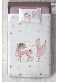 Resim Mekta Home Bebek Ve Çocuk Odası Balerin Ve Unicorn Kız Desenli Pembe Yatak Örtüsü Renkli 