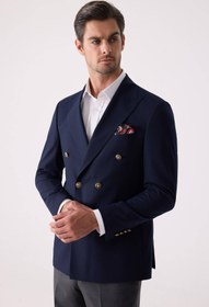 Resim Ysf Erkek Lacivert Regular Fit Yün Puntolu Kruvaze Blazer Ceket 