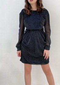 Resim Mois Atelier Siyah Simli Sırt Dekolteli Büzgülü Kadın Mini Elbise Büyük Beden Siyah 