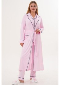 Resim Mecit Pijama Mecit 6333 Pembe Kadın Sabahlıklı Boydan Düğmeli Pijama Takımı Pembe 