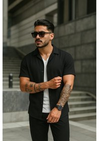 Resim Erkek Kısa Kollu Örme Kumaş Pamuklu Gömlek Siyah 