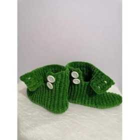 Resim Merut Style El Örgüsü Kadife Ip Yeşil Düğme Detaylı Ev Botu Panduf 