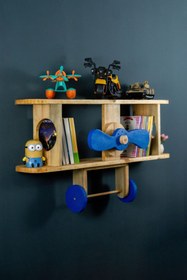 Resim OPPİPO Çocuk Odası Rafı - Montessori Raf - Uçaklı Raf Mavi 