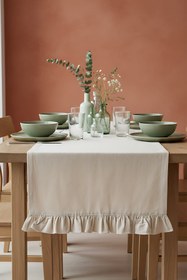 Resim Ruffle Bej Fırfırlı %100 Pamuklu Ham Keten Runner 50x130 cm 