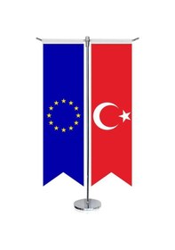 Resim Avrupa Birliği Bayrağı Ve Türkiye - Kırlangıç - Saten T Direk 2li Masa Bayrağı 1 