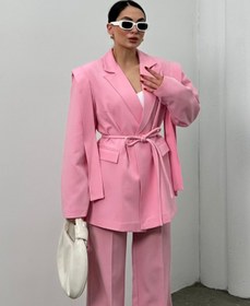 Resim msm fashion Kadın Oversize Blazer Ceket Pembe Kuşaklı Omuz Detaylı 