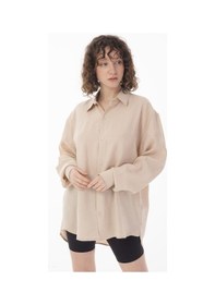 Resim R-3575 Apaş Yaka Uzun Kollu Aerobin Kumaş Oversize Gömlek Bej 