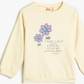 Resim Kız Bebek Sweatshirt Çiçek Baskılı Şardonlu Pamuklu Bisiklet Yaka 