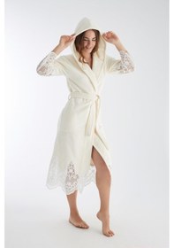 Resim Dantelli Uzun Kapüşonlu Triga Bambu Cotton Bayan Bornoz Krem 