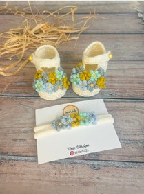 Resim seraskids El Örgüsü Krem Rengi Çiçek Demeti Kız Bebek Ayakkabı Patik Ve Bandana Set 
