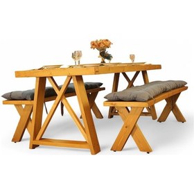 Resim Neiwel Kues Doğal Ahşap Banklı Yemek Masası Takımı-120-280 Takım Açık Ceviz 