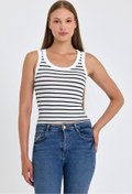Resim BANEGA Kadın Bisiklet Yaka Siyah Çizgili Fitilli Basic Kalın Askılı Beyaz Crop Atlet 