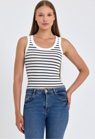 Resim BANEGA Kadın Bisiklet Yaka Siyah Çizgili Fitilli Basic Kalın Askılı Beyaz Crop Atlet 