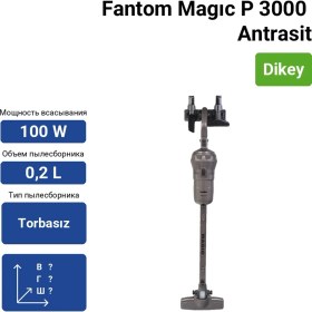 Resim Fantom Magıc P 3000 Toz Torbasız Dikey Süpürge Antrasit HEPA Filtreli Güçlü Emiş Performansı 