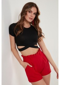 Resim Lela Fitilli Bel Detaylı Kısa Kollu Dar Kesim Crop Bayan Bluz 5864211 Siyah 