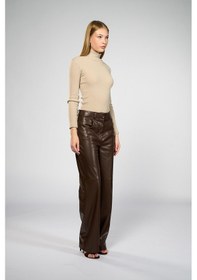 Resim Kadın Kahverengi Bol Paça Deri Pantolon Kahverengi 