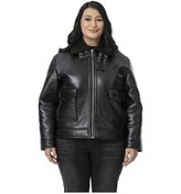 Resim Büyük Beden İçi Kürklü Fermuarlı Yakası Toka Detaylı Siyah Deri Mont Siyah 