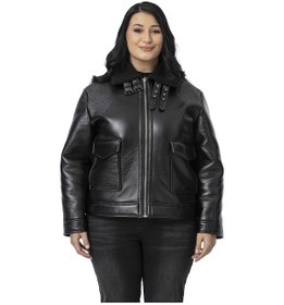 Resim Büyük Beden İçi Kürklü Fermuarlı Yakası Toka Detaylı Siyah Deri Mont Siyah 