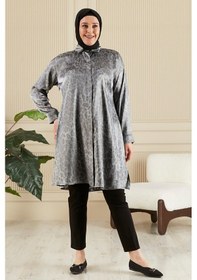 Resim Kadın Tesettür Büyük Beden Leopar Desenli Uzun Gömlek Tunik 001 