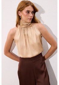 Resim Sateen Boğazlı Kolsuz Bluz - Camel-136544 CAMEL 