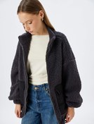 Resim Dik Yaka Fermuarlı Cep Detaylı Peluş Oversize Sweatshirt 