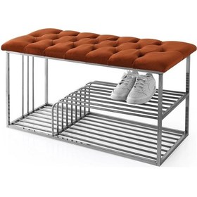 Resim Kapitoneli Puf Bench Kapı Önü Metal Ayakkabılık Turuncu 
