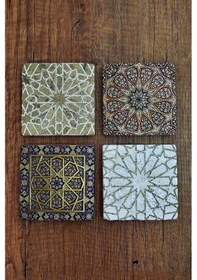 Resim Baskılı Doğal Taş Bardak Altlığı 4'lü Set 10x10x1 Cm Geometrik Desenler - Stone Coasters Çok Renkli 