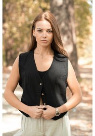 Resim Verdeblanco Düğme Detaylı Müslin Yelek Siyah 