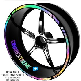 Resim Çınar Extreme Rainbow Gökkuşağı Hologram Efektli 4 Parçalı Kesikli Motosiklet Jant Şeridi Sticker 