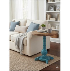 Resim Masif Art Lugano Fiskos Sehpa Tornalı Ayak Yan Sehpa Mavi Eskitme 