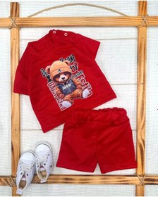 Resim 9-12-18-24 Ay Dansçı Ayıcık Baskılı Şortlu Kısa Kollu Tişört 2li Erkek Bebek Takımı Kırmızı 