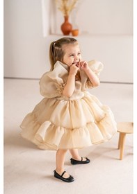 Resim Linola Baby Kids Puffy Şifon Kız Çocuk Parti Elbisesi Bej 