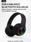 Resim VOOKA RGB Işıklı Kablosuz Bluetooth Kulak Üstü Kulaklık | Müzik, Oyun, Mikrofonlu, Katlanabilir 