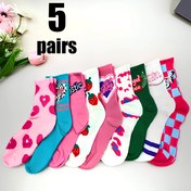 Resim 5 Çift Kadın Moda Çorap - Karışık Kalp & Çilek Desenli, Yumuşak Polyester Kumaş Orta Boy Çoraplar, Her Mevsim Rahatlık, Günlük ve Spor Kullanım İçin, Makinede Yıkanabilir, Şirin Çoraplar 