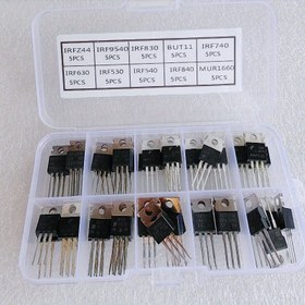 Resim 10 tür MOSFET, IRFZ44, IRF9540, IRF530, IRF540, IRF630, IRF740, IRF830, IRF840, IRF630N, BUT11 ve MUR1660 dahil olmak üzere, toplam 50 adet. 