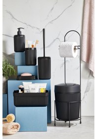Resim 7 Parça Siyah Banyo Seti Metal Stantlı Kovalı Wc Kağıtlık Kozmetik Kutusu Diş Fırçalık Ve Sabunlukla 