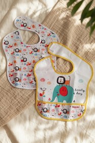 Resim Bebechi Safari Bliss 2'li Su Geçirmez Cepli Bebek Mama Önlüğü - Leke Tutmaz Silinebilir Safari Desenli Mama 