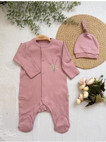 Resim Mürdüm Şapkalı Bebek Tulumu, İnterlok Kumaş , Çıt Çıtlı Uzun Kollu Patikli Tulum Seti Pembe 