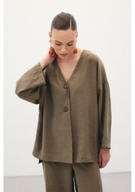 Resim Sateen Düğmeli Kimono - Haki-136357 Haki 