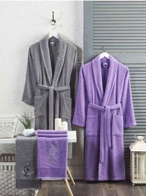 Resim 4 Parça Aile Bornoz Seti Kadın Erkek Havlulu Bornoz Takımı 100 Gri Lavanta 001 