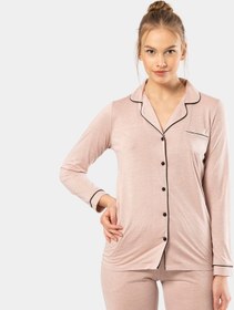 Resim Türen Düz Uzun Kollu Gömlek Yaka Pijama Takım 3365/pudra 001 