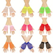 Resim Solid Color Yüksek Elastik Balık Ağı Eldivenleri, Kısa Hollow Out Parmaksız Eldivenler, Parti Gece Kulübü Dans Performansı İçin Punk Dekoratif Eldivenler 